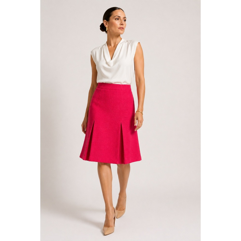 Vintage St John Couture Marie Gray Pink Bouclé Knit Lined A-Line Pleated Skirt 8